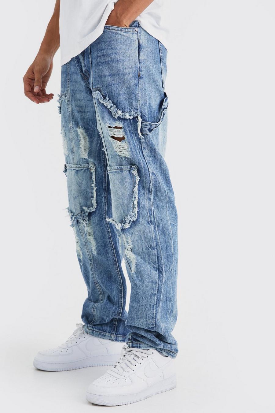 Jeans Cargo rilassati in denim rigido con strappi, Antique blue