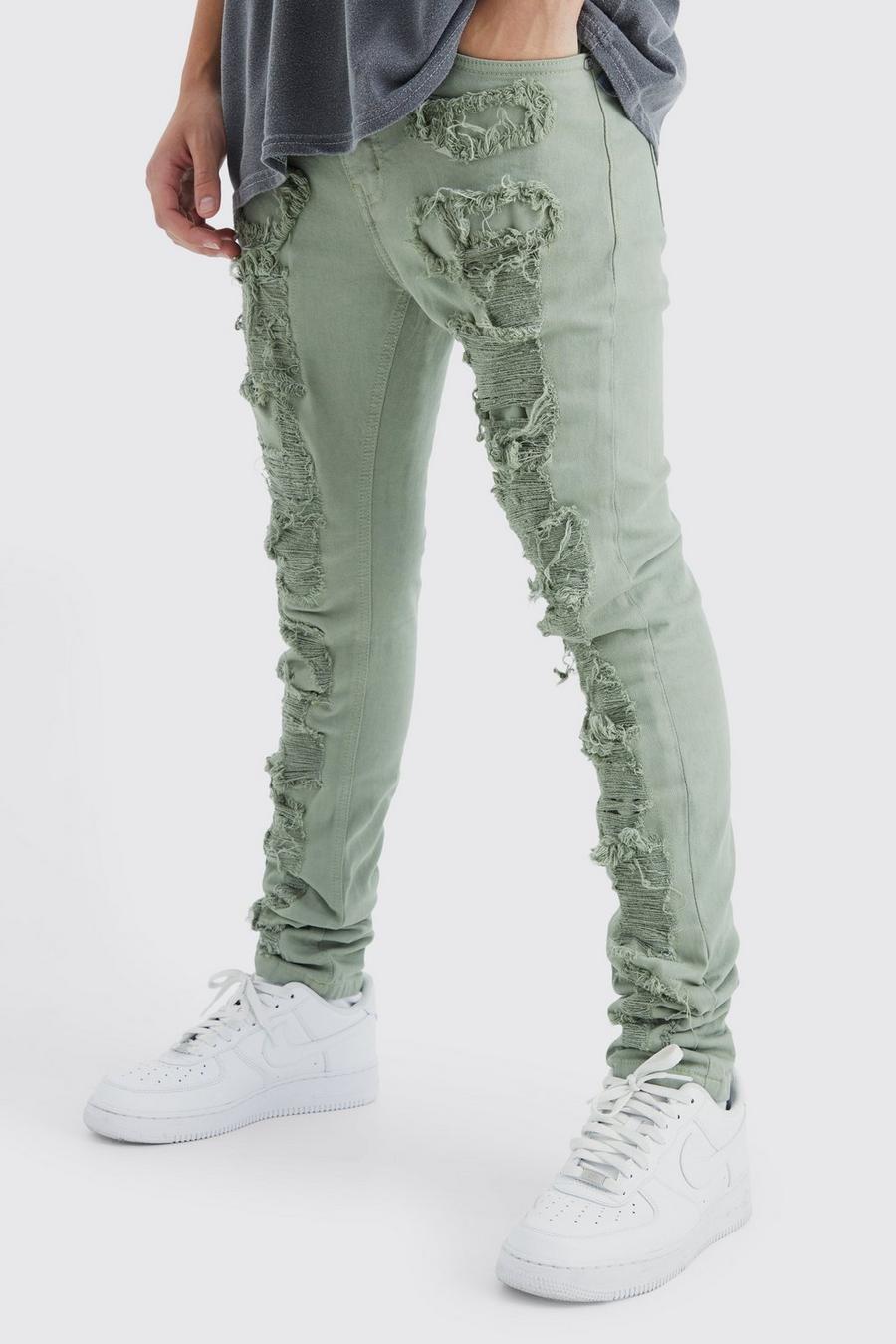Sage grön Skinny Stretch Multi Rip & Repair Jean
