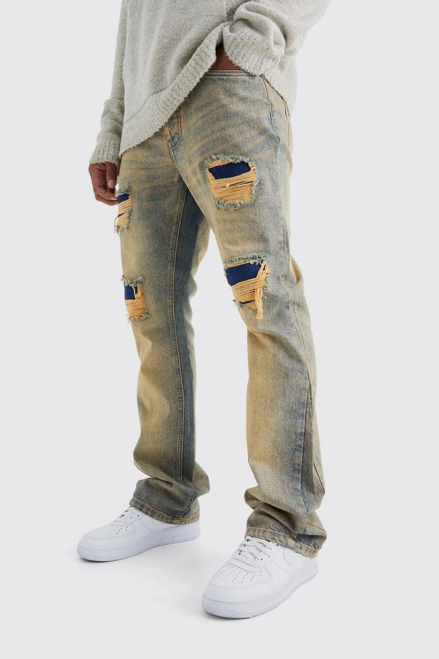Jeans a zampa Slim Fit in denim rigido con strappi & rattoppi, Antique wash image number 1