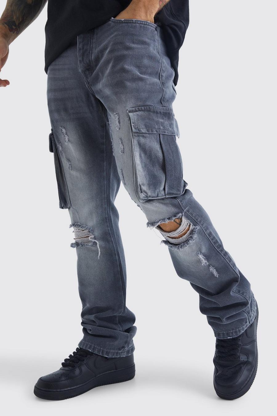 Mid grey gris Slim Flare Rigid Ripped Cargo Pocket Jean