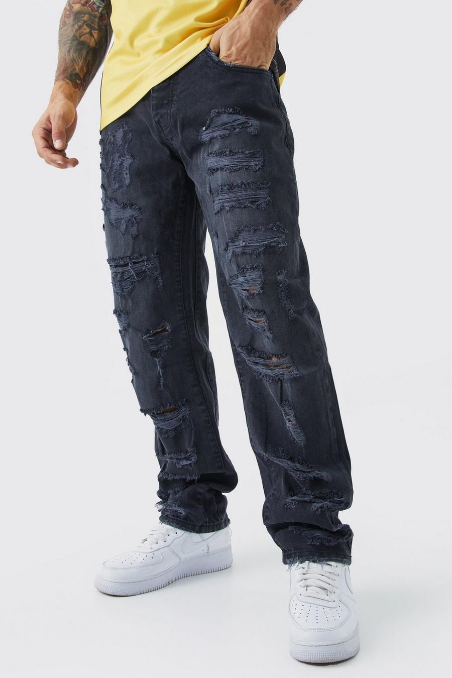 Jeans rilassati in denim rigido con strappi estremi, Washed black image number 1