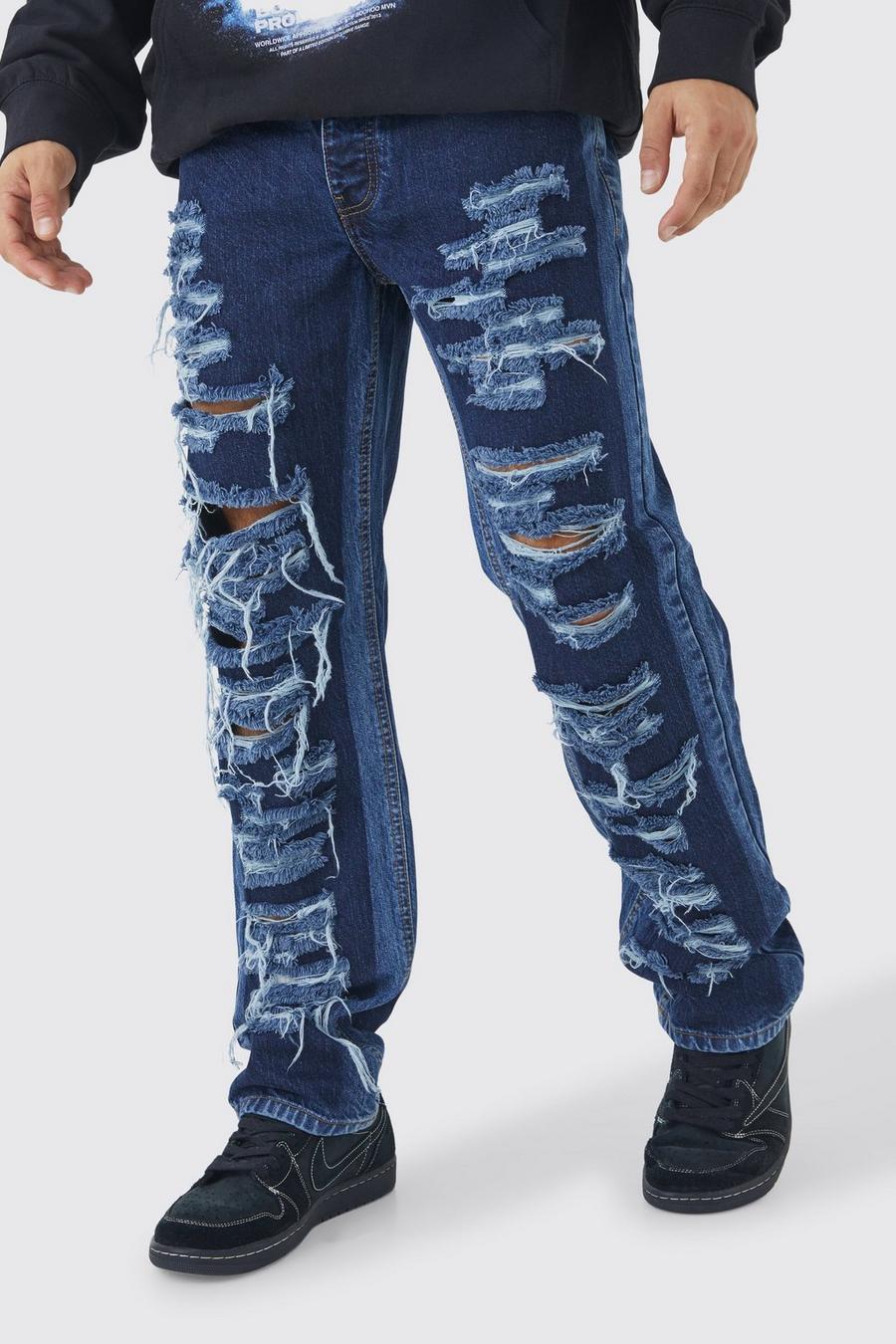 Jeans rilassati in denim rigido con strappi e pannelli, Indigo