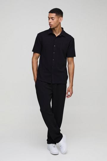 Short Sleeve Jersey Herringbone Shirt And Trouser Set black