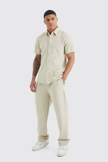 Stone Beige Short Sleeve Jersey Herringbone Shirt And Trouser Set