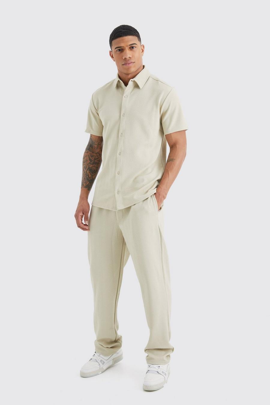 Stone Short Sleeve Jersey Herringbone Shirt And Trouser Set image number 1
