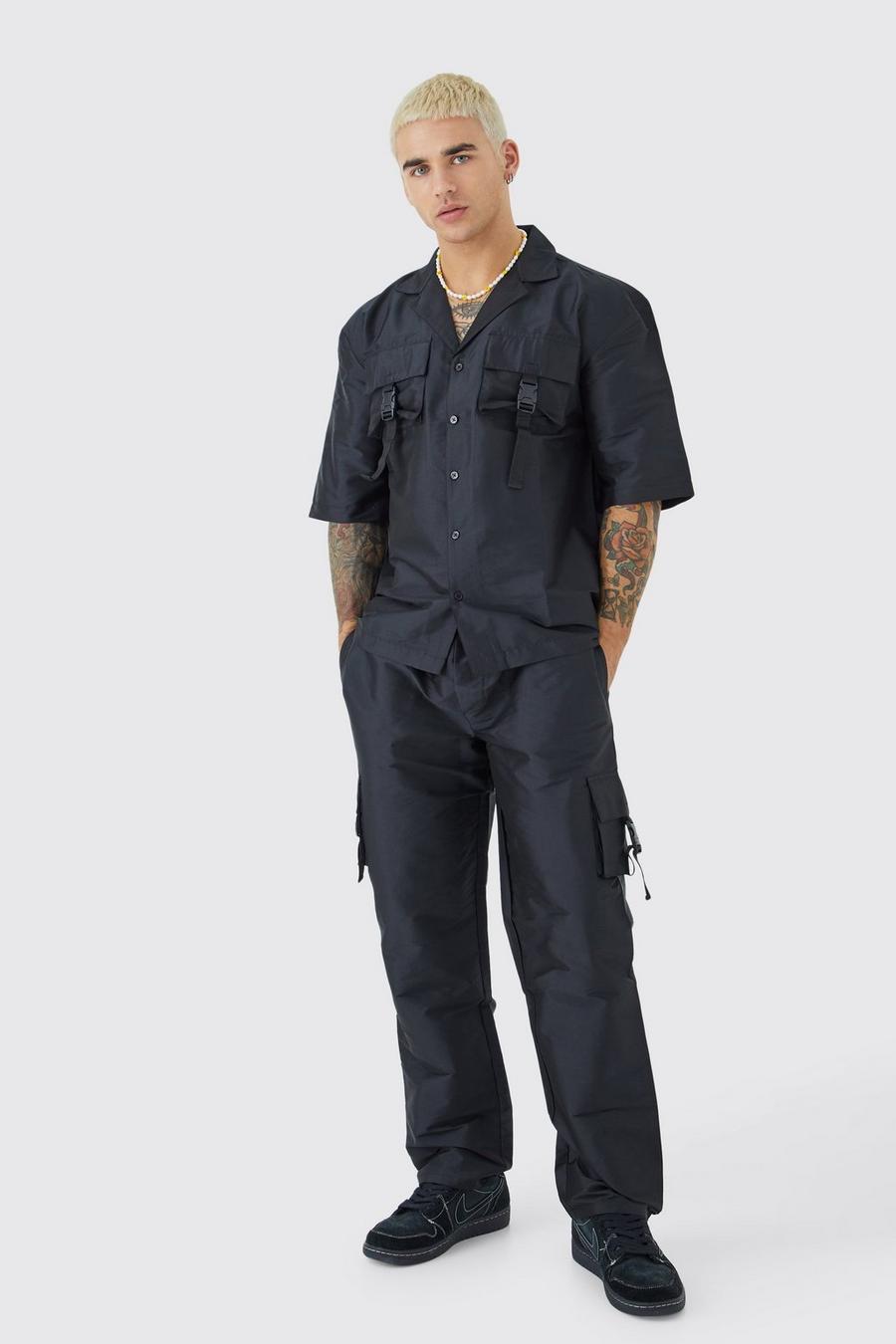 Black Short Sleeve Oversized Revere Utility Shirt & Cargo Trouser Set image number 1
