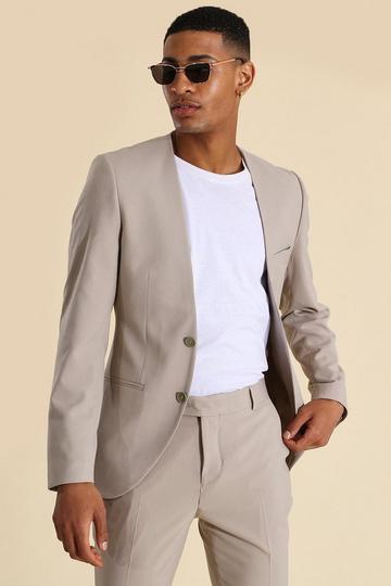 Stone Beige Skinny Fit Collarless Single Breasted Blazer