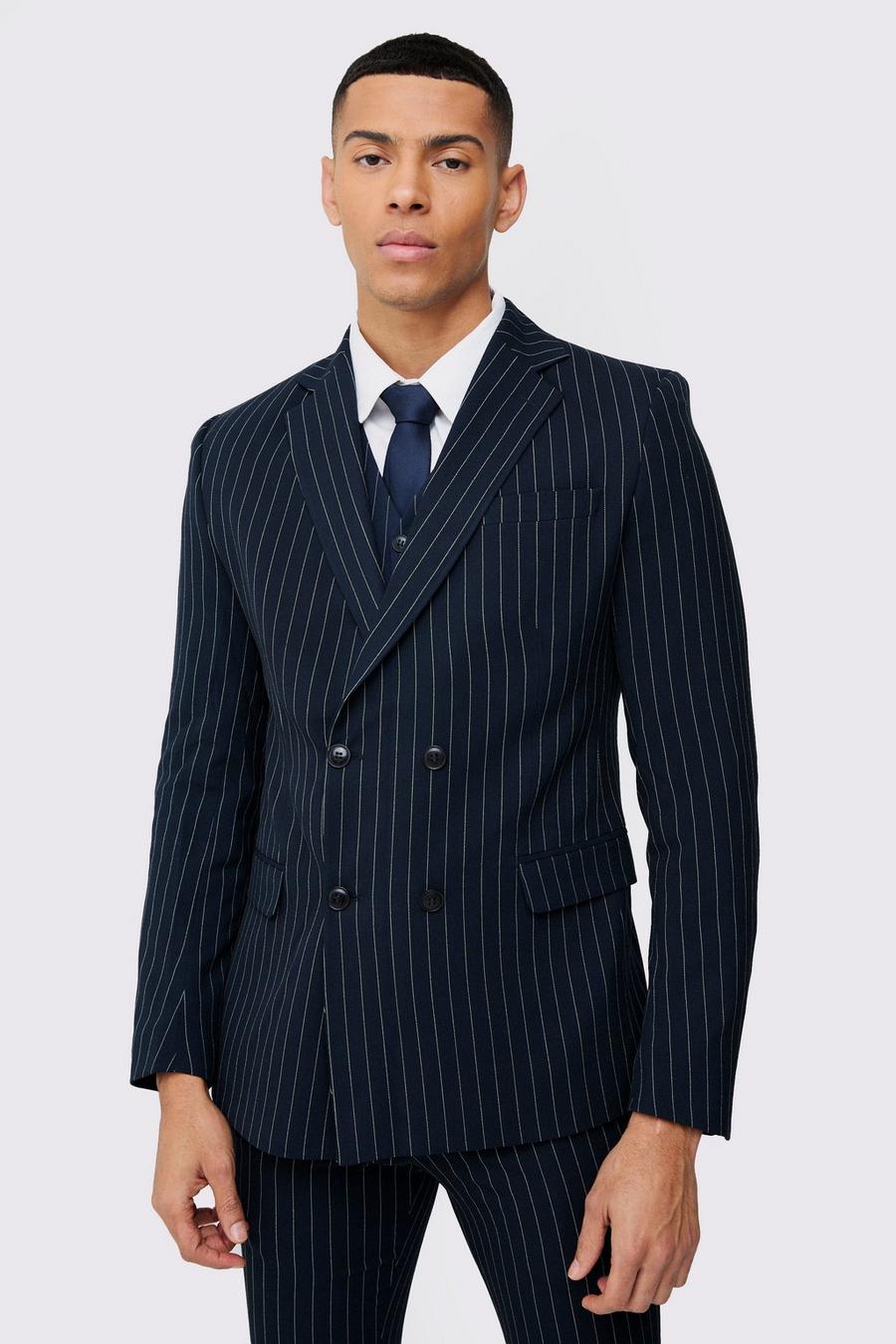 Navy Skinny Fit Pinstripe Double Breasted Blazer image number 1