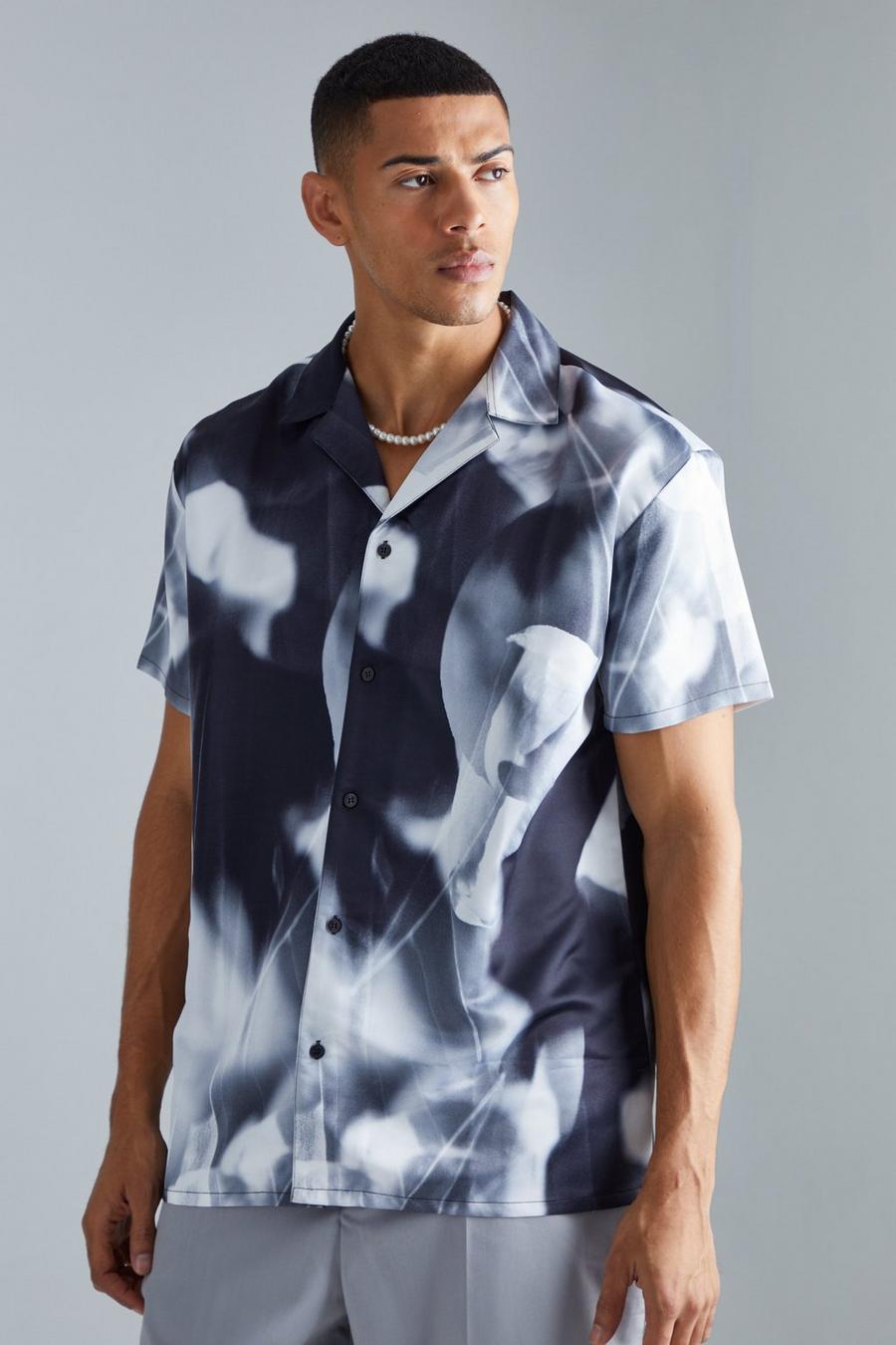 Black Short Sleeve Oversized Satin Inverted Shirt image number 1