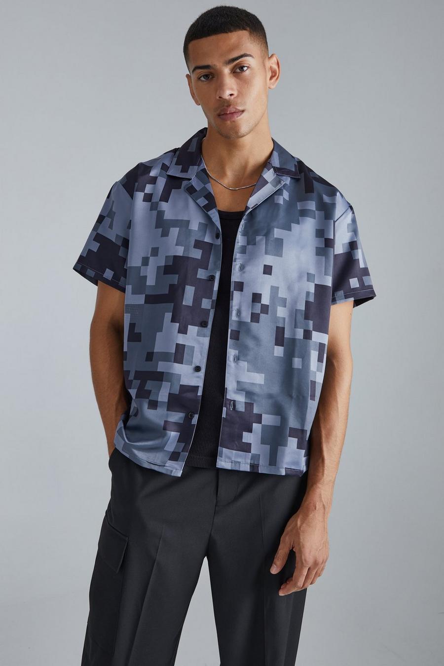 Camicia squadrata a maniche corte in raso Glitch, Grey image number 1