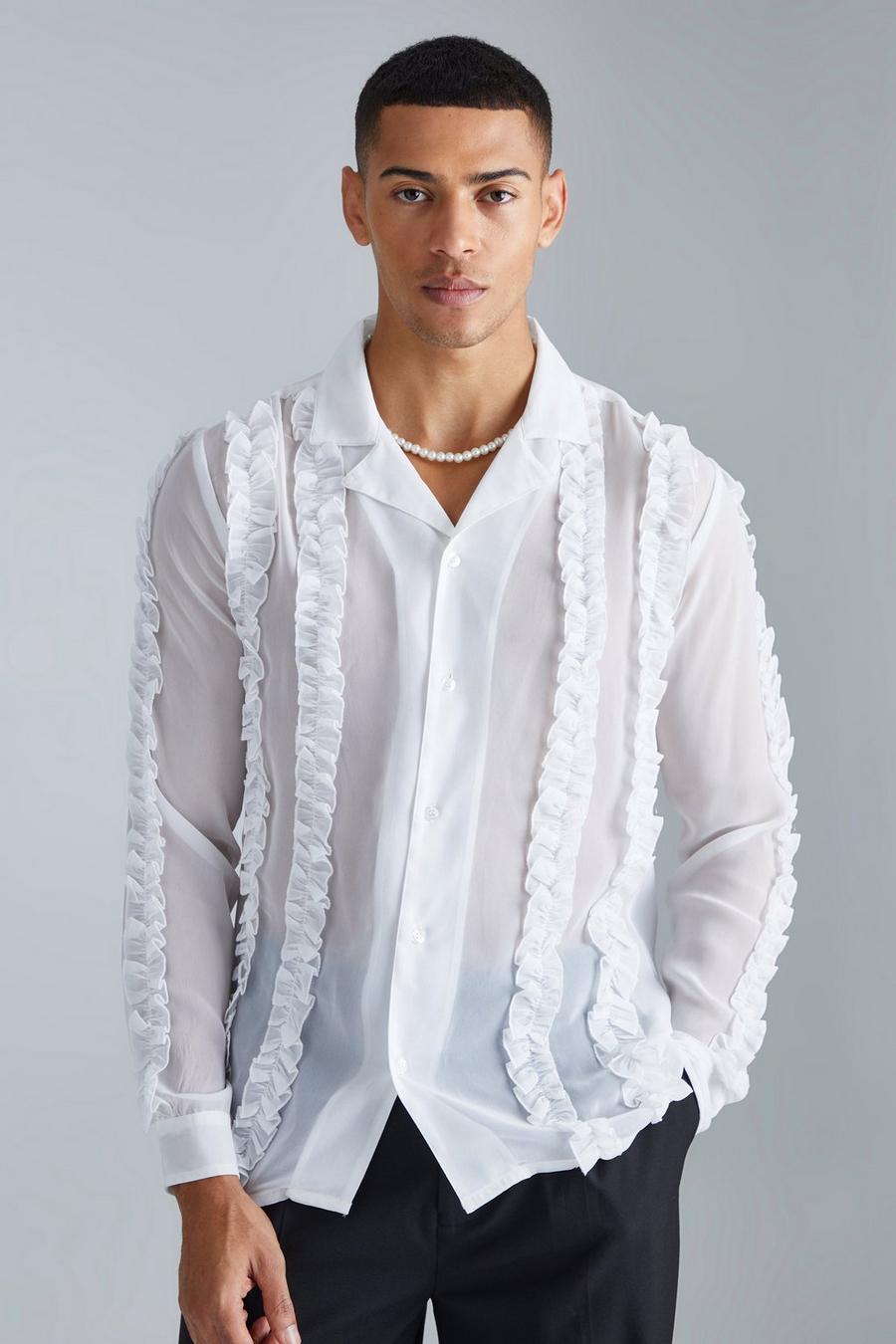 White Doorschijnend Overhemd Met Lange Mouwen En Ruches image number 1
