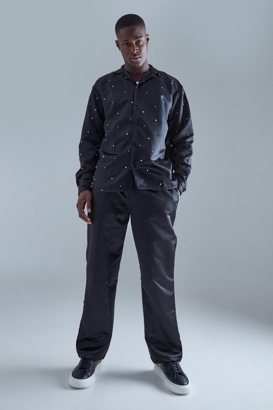 Black Long Sleeve Embellished Satin Shirt And Pants Set image number 1