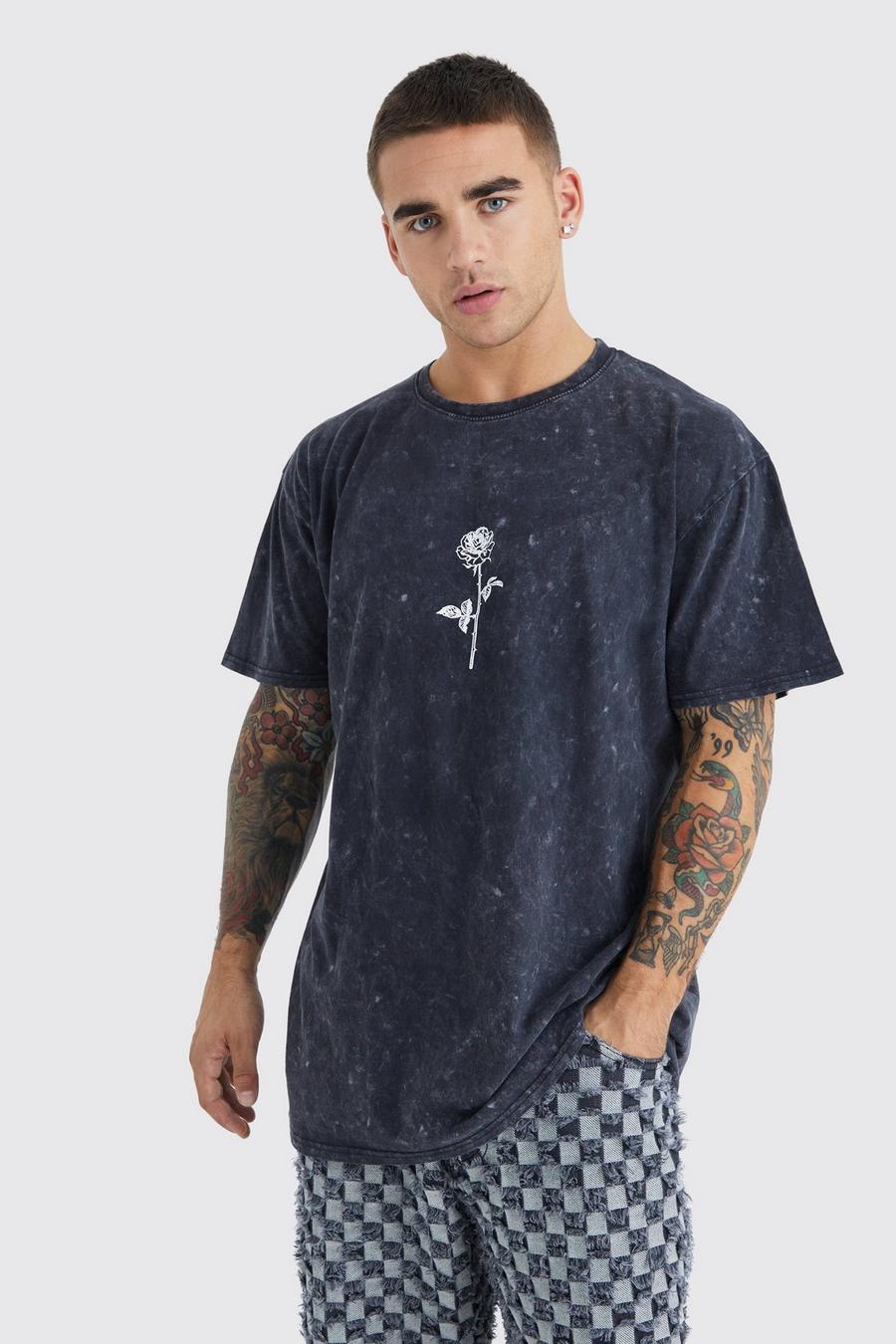 Camiseta oversize con estampado gráfico Homme desteñido de rosas, Black image number 1