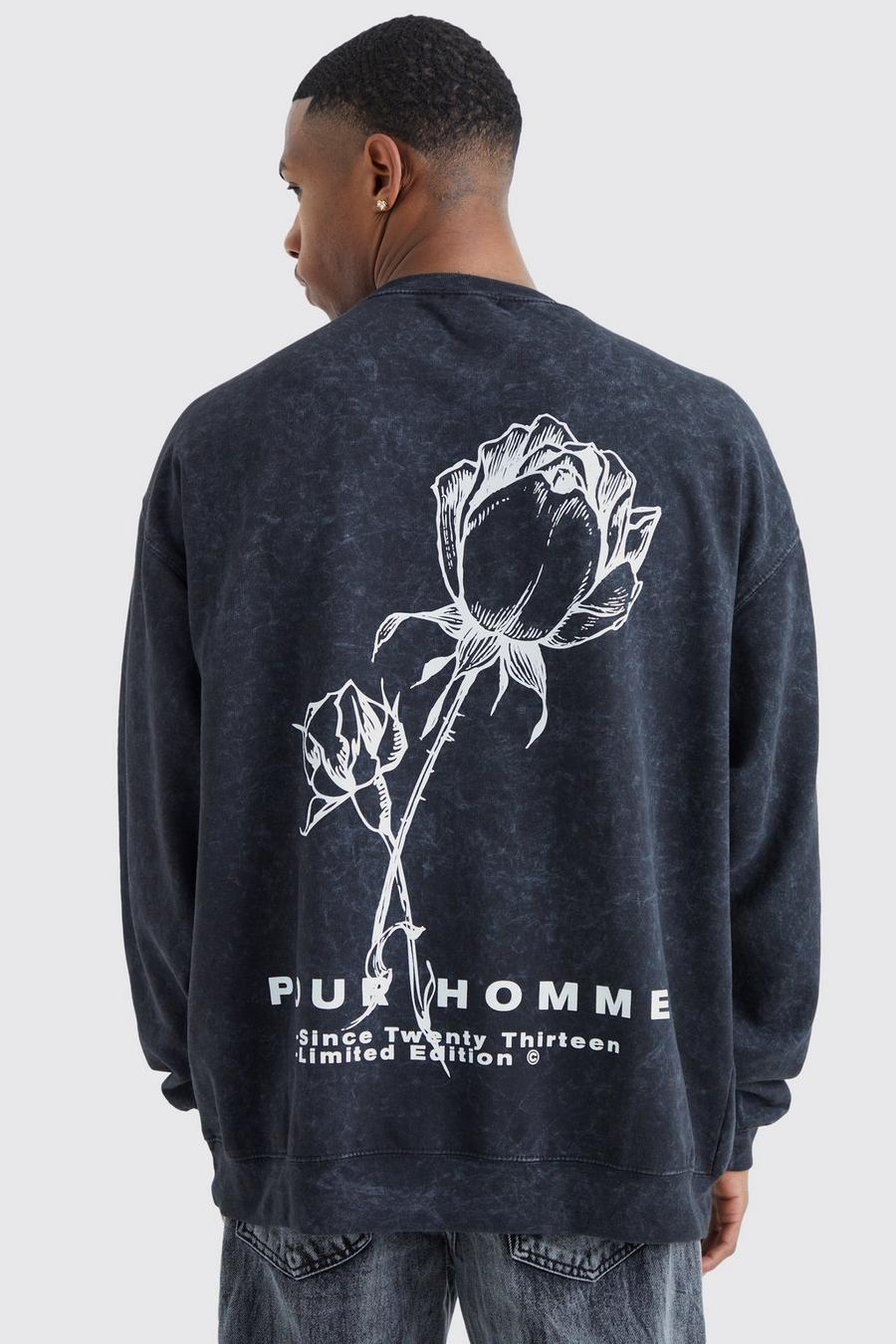 Black Oversized Rose Wash Graphic Sweatshirt image number 1