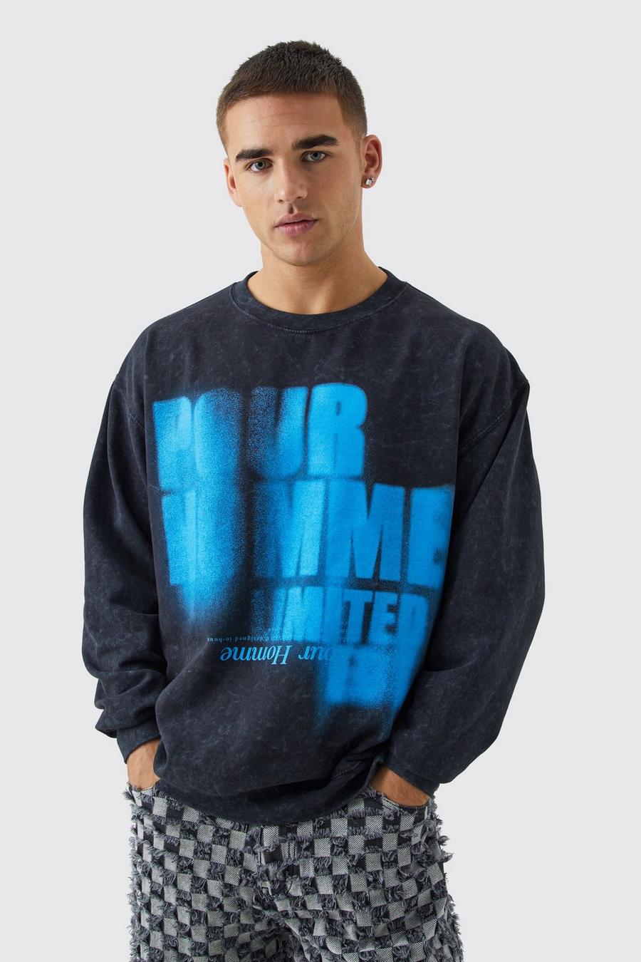 Black Oversized Pour Homme Wash Graphic Sweatshirt