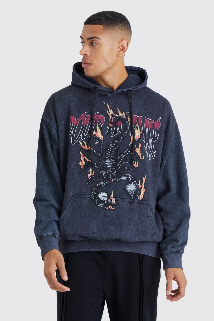 Black Oversize hoodie med grafiskt tryck och skorpion image number 1