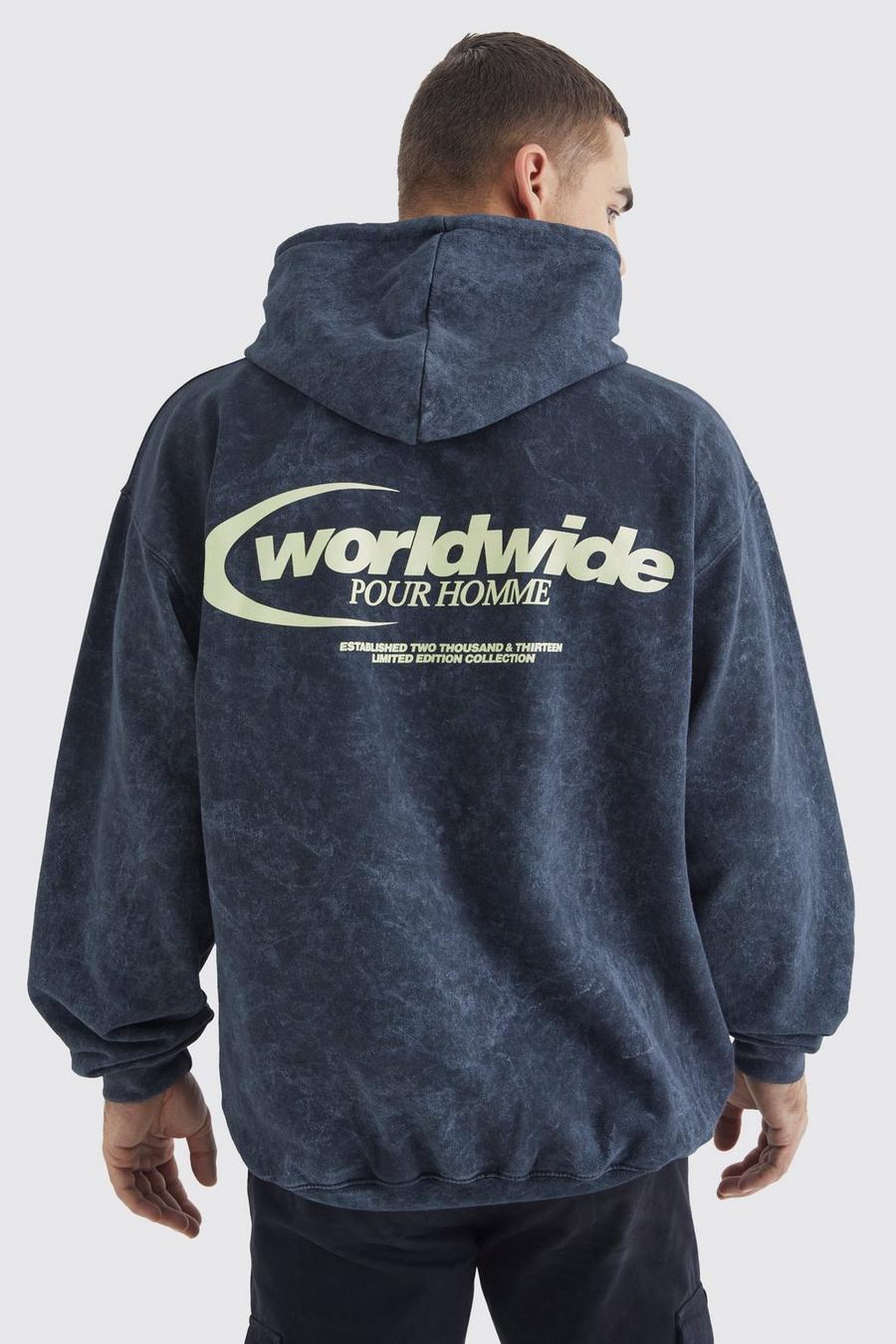 Black Oversized Worldwide Wash Graphic Hoodie