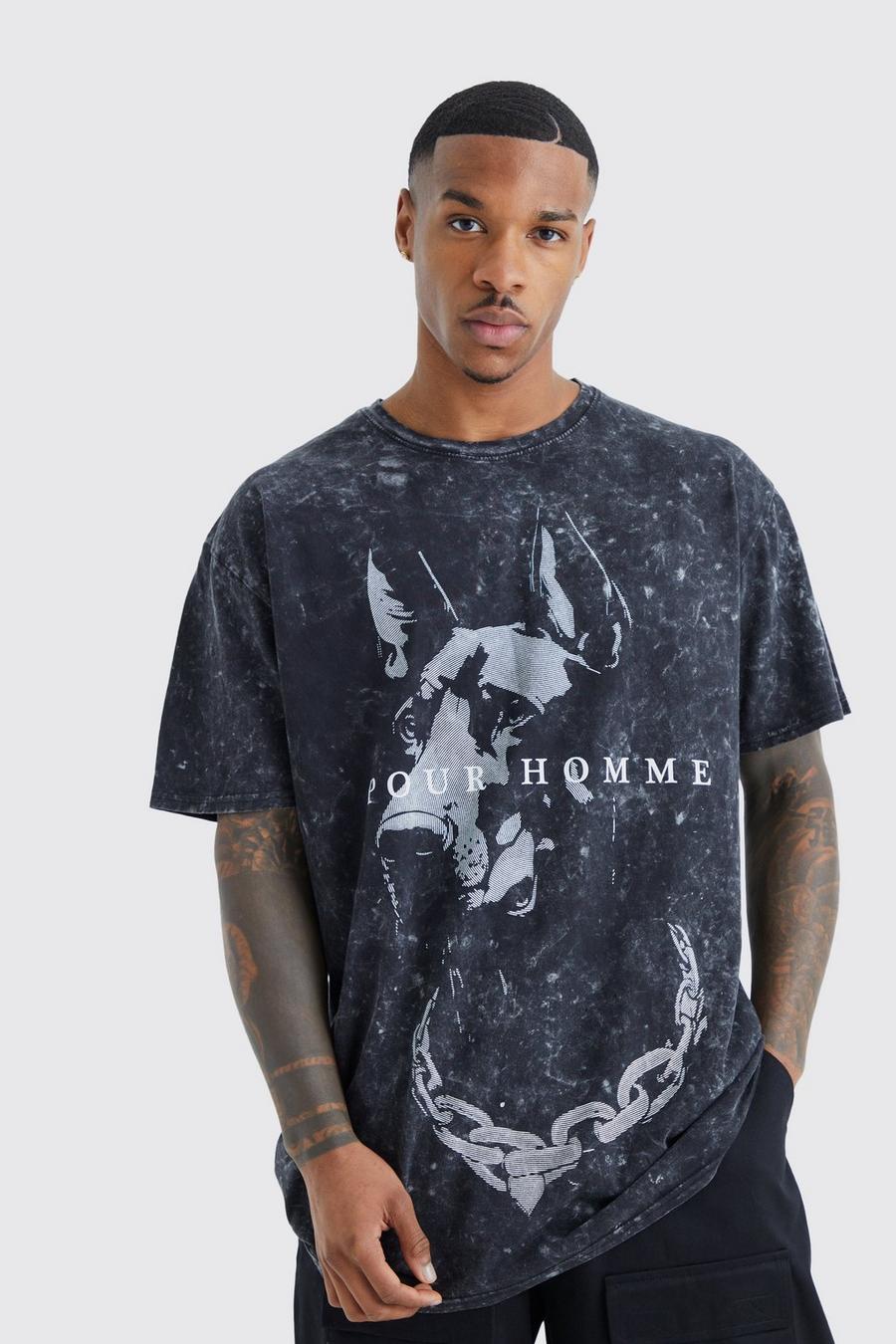 Charcoal grey Oversized Homme Dog Graphic Wash T-shirt