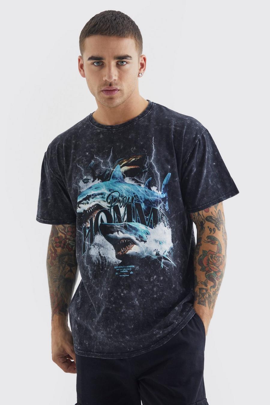 T-shirt Regular Fit in lavaggio con grafica di squalo, Charcoal
