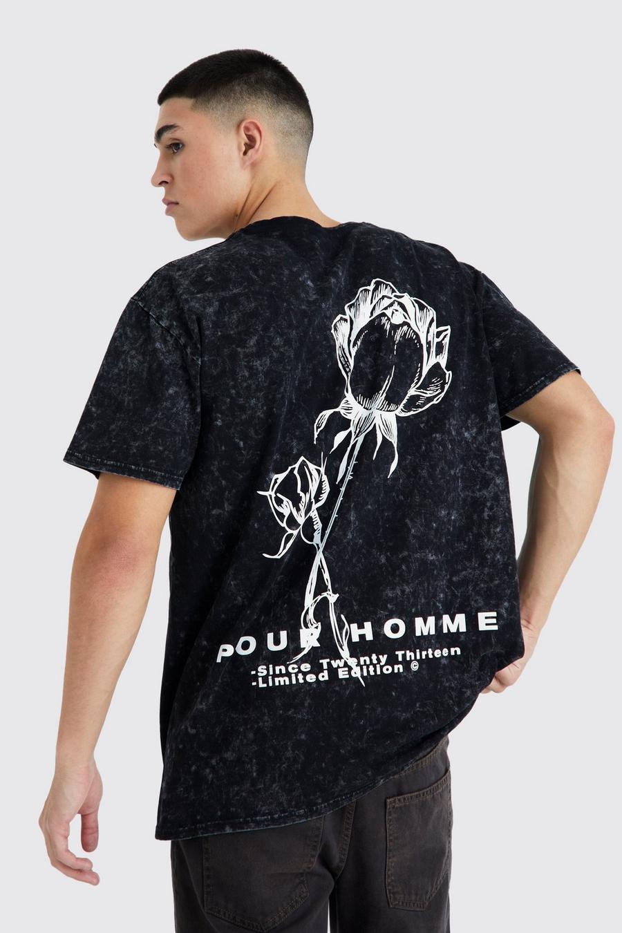 Black noir Oversized Acid Wash Gebleekt Rozen T-Shirt Met Print