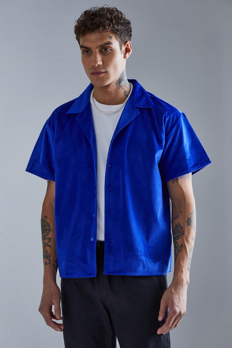 Cobalt Boxy Velours Overhemd Met Korte Mouwen