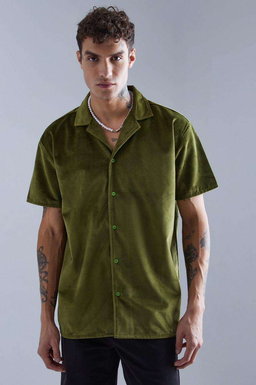 Olive Short Sleeve Oversized Velour Shirt