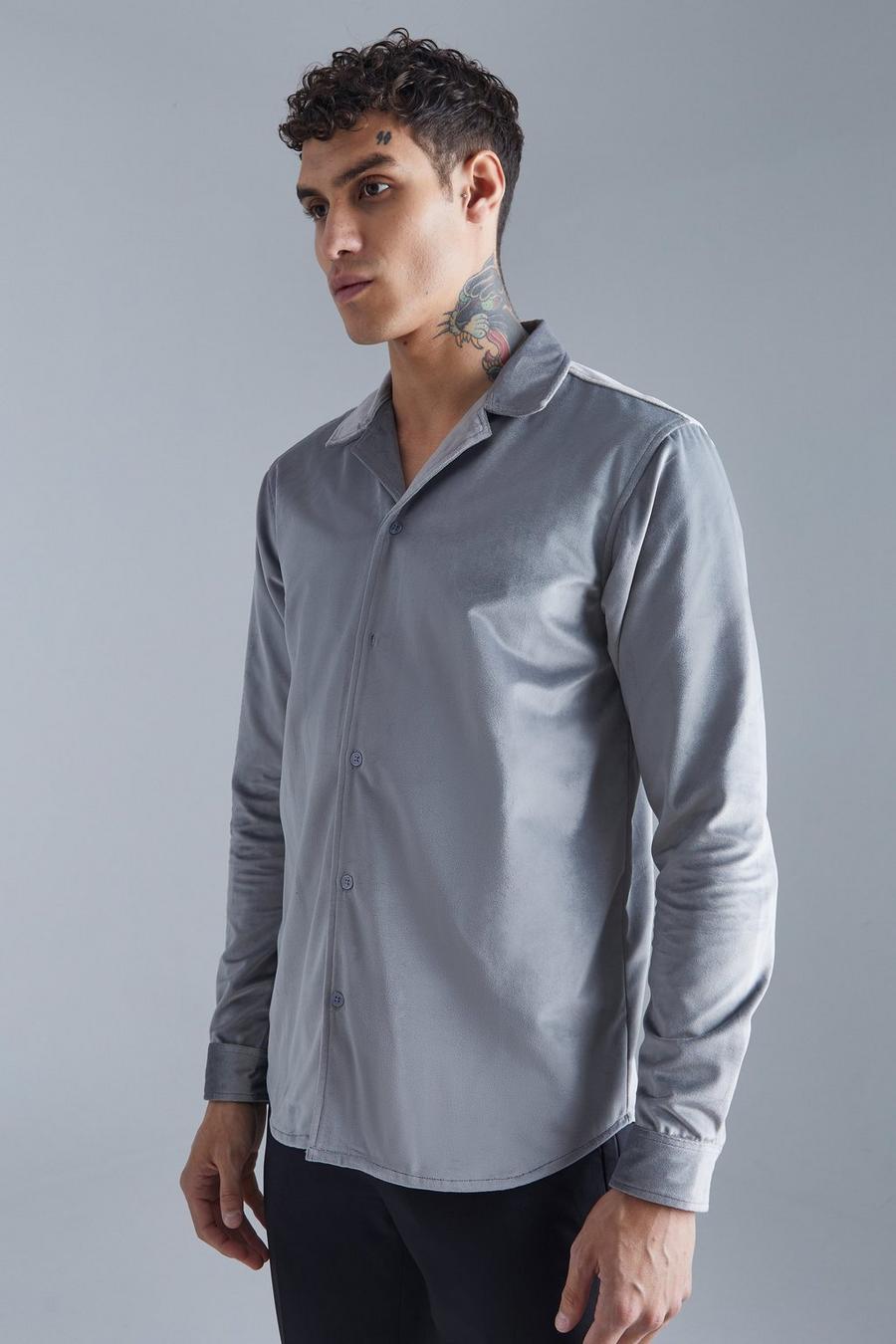 Grey Långärmad skjorta i velour med bowlingkrage image number 1