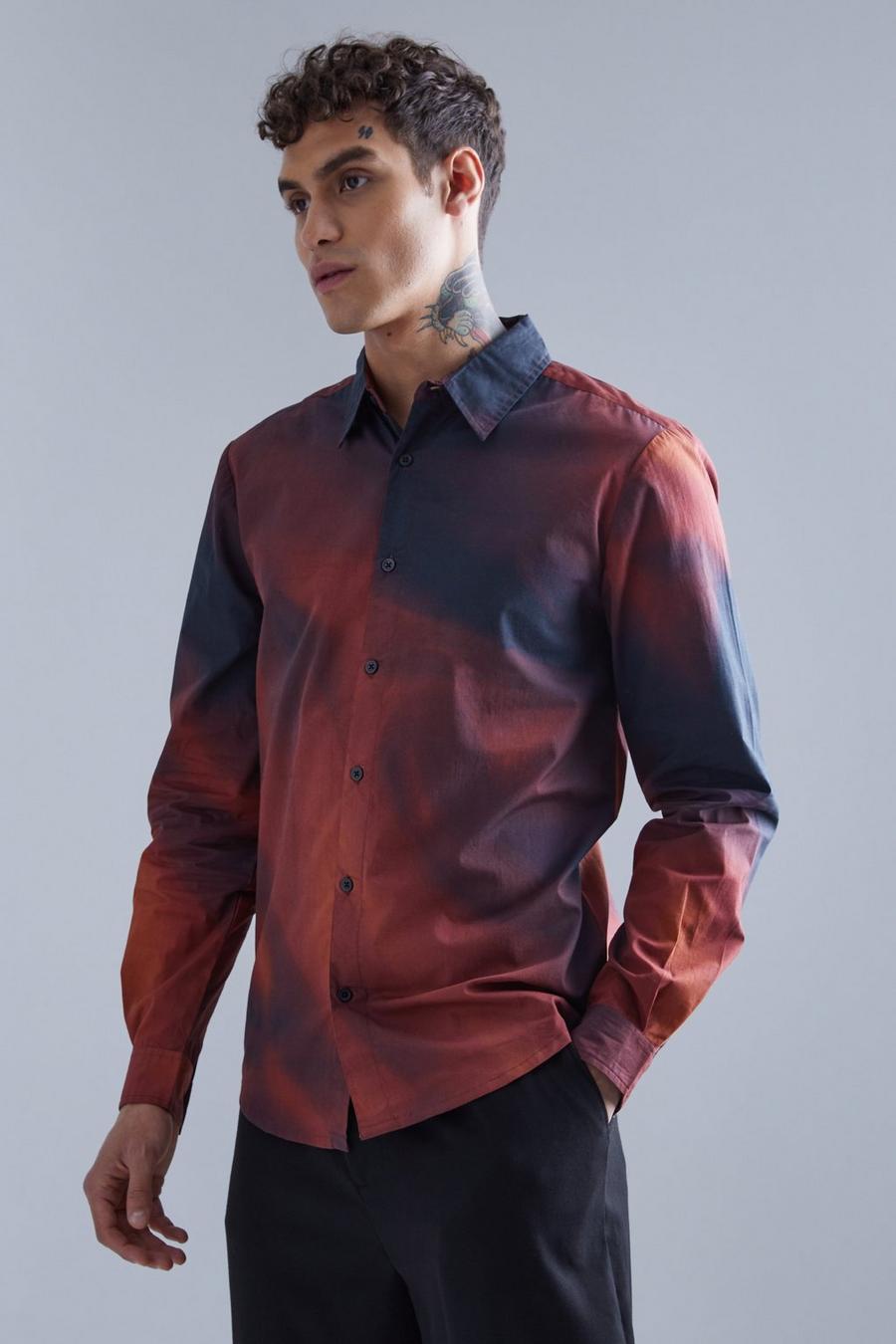 Burgundy red Long Sleeve Marble Printed Poplin Shirt