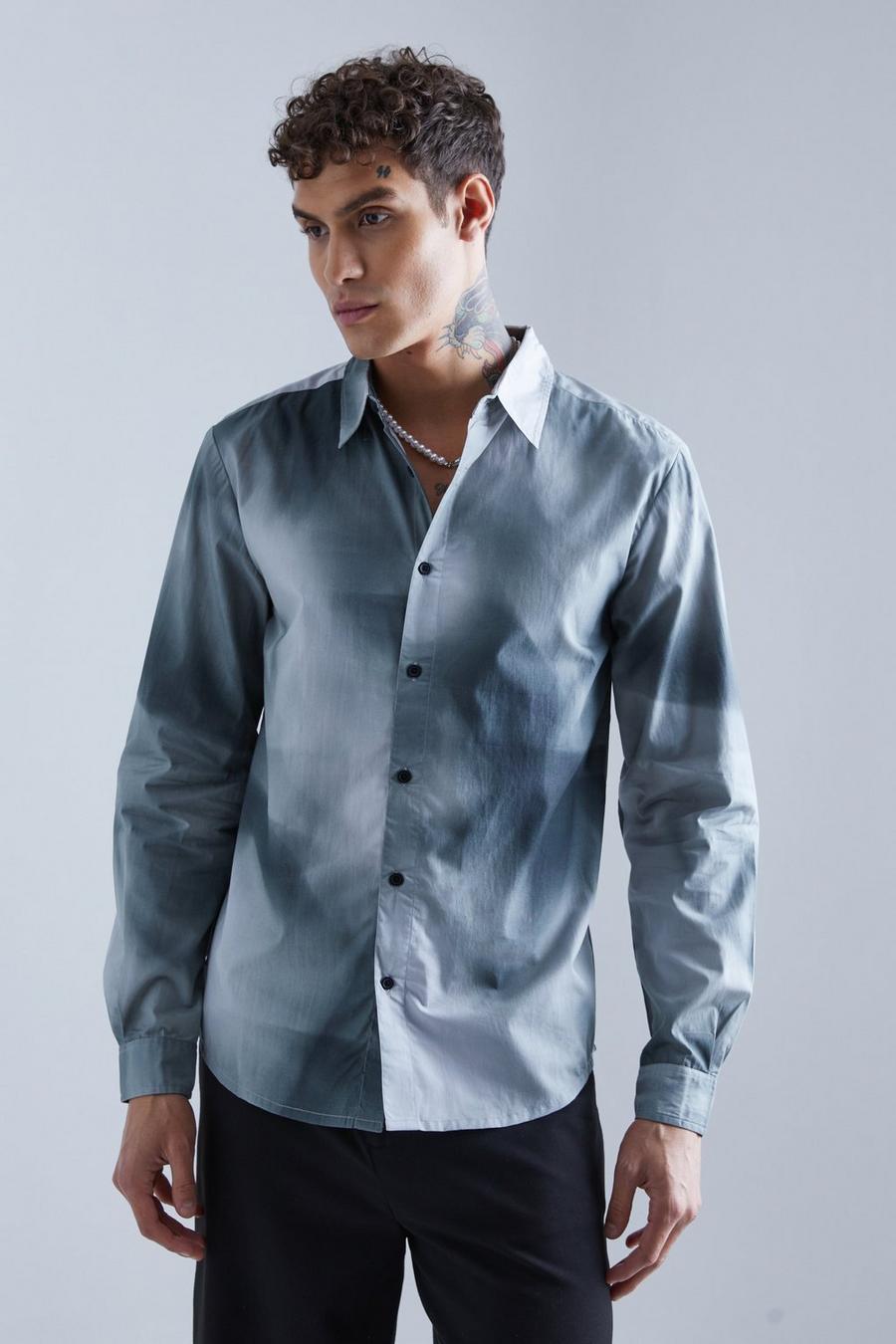 Grey Long Sleeve Marble Printed Poplin Shirt