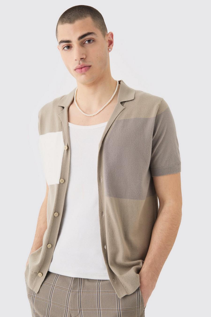 Taupe Short Sleeve Revere Colourblock Knitted Shirt image number 1