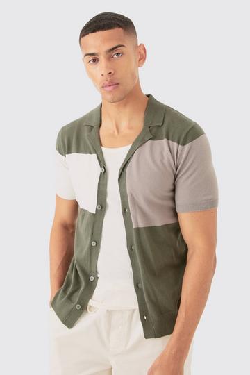 Khaki Short Sleeve Revere Colorblock Knitted Shirt