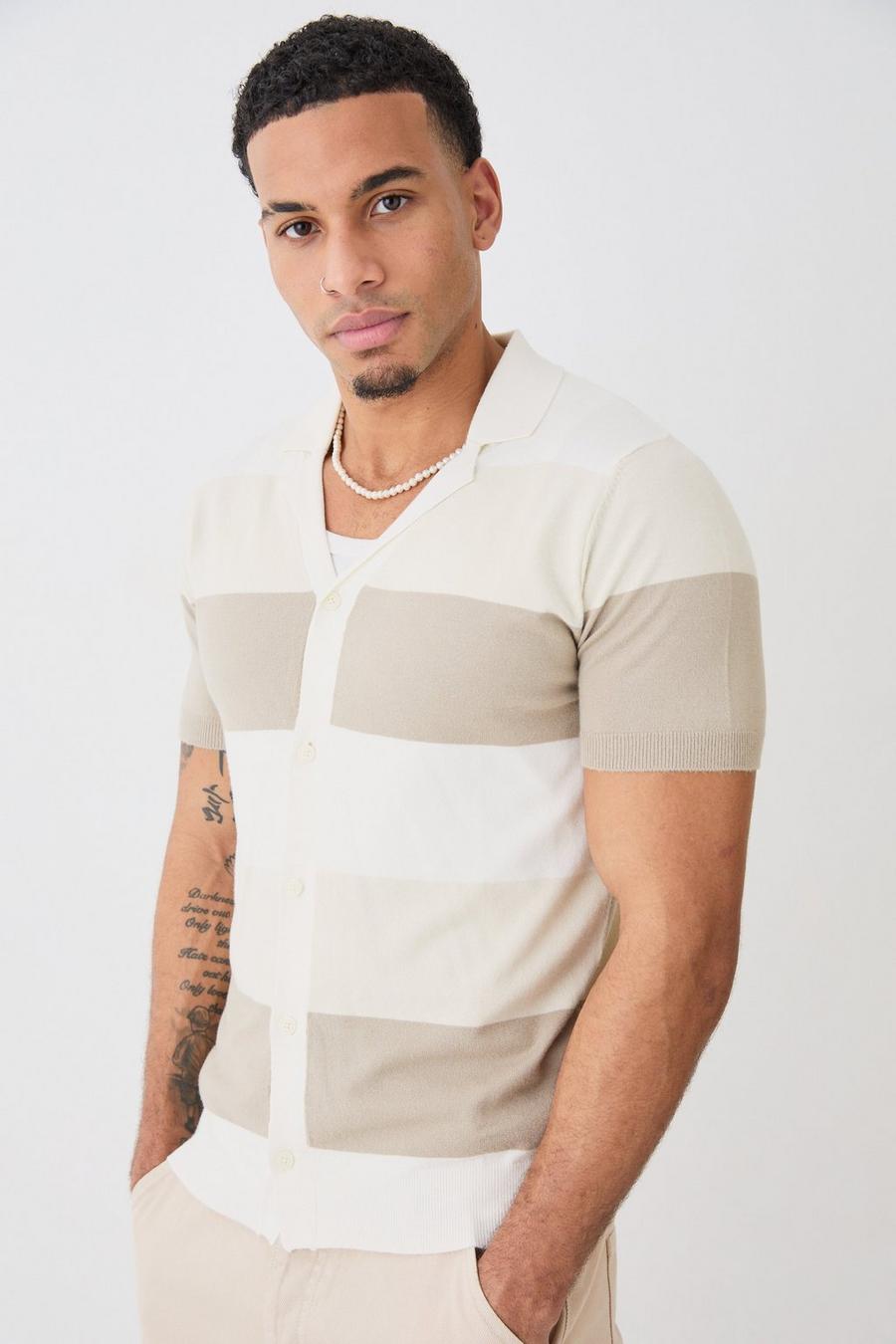 Sage Short Sleeve Revere Stripe Knitted Shirt image number 1