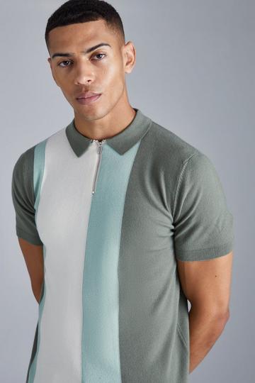 Khaki Short Sleeve Regular Fit Color Block Polo