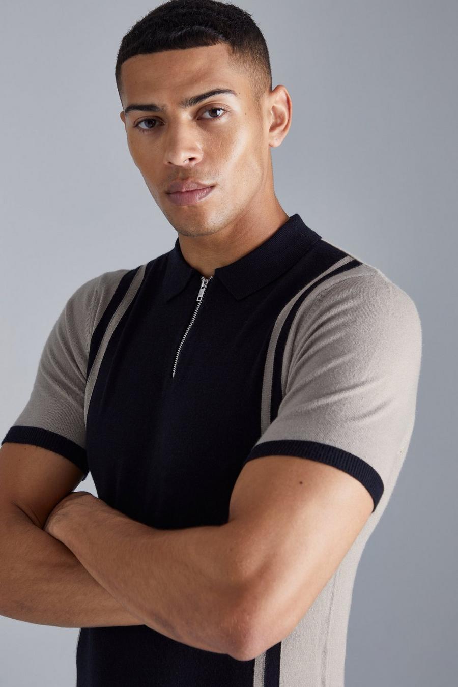 Taupe Color Block Muscle Fit Polo Met Korte Mouwen