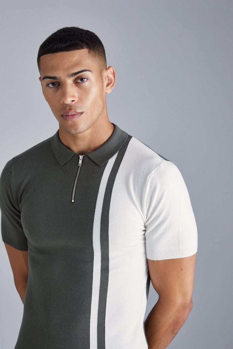 Kurzärmliges Muscle-Fit Colorblock Poloshirt, Khaki image number 1