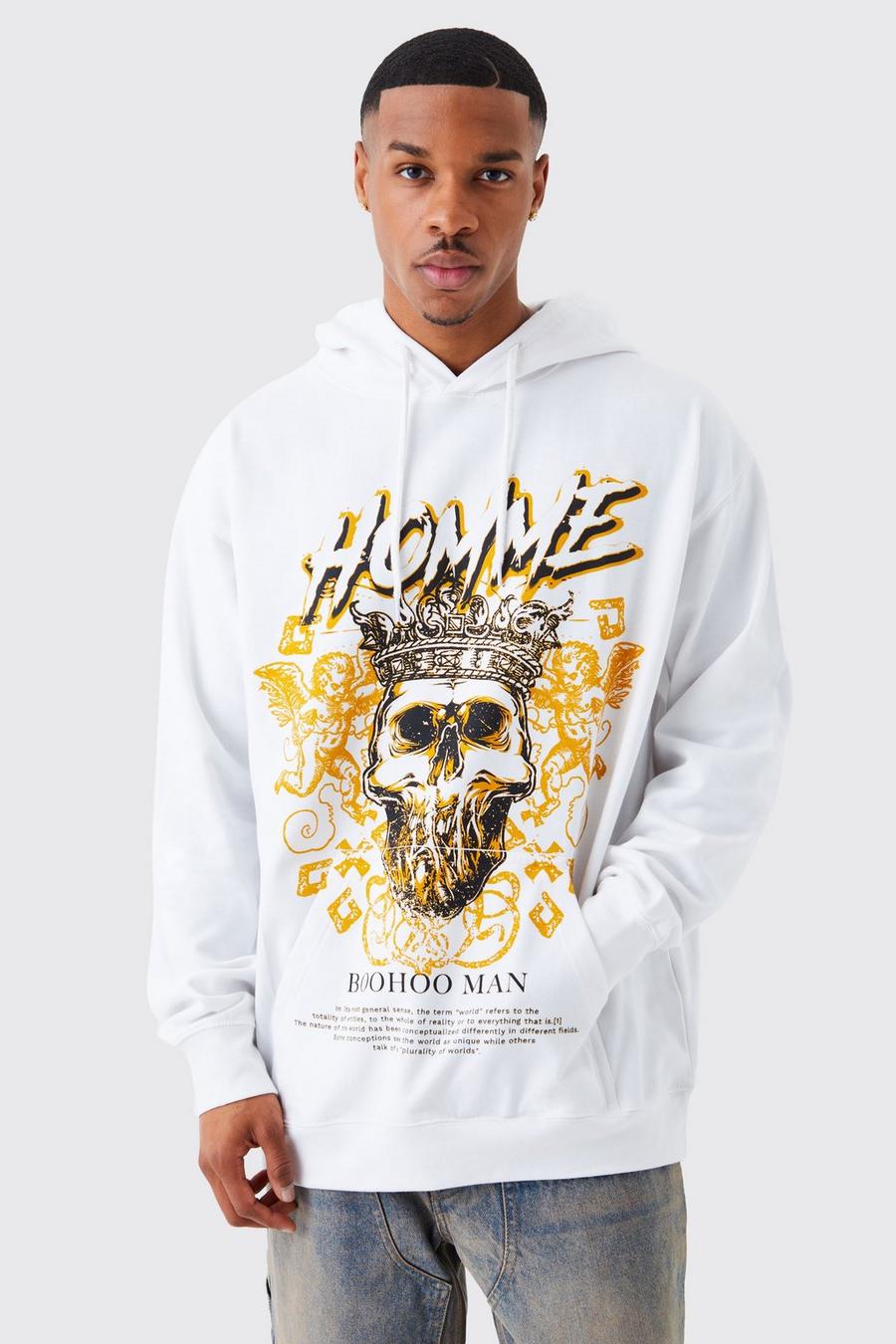 White Oversized Homme Skeleton Graphic Hoodie