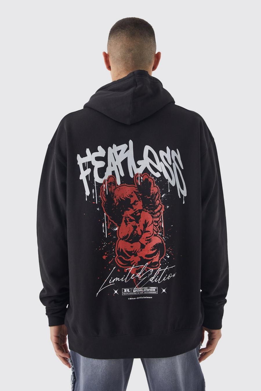 Black Oversized Fearless Angel Graphic Hoodie image number 1