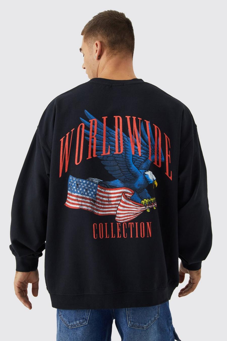 Black Oversized Eagle Worldwide Graphic Sweatshirt image number 1