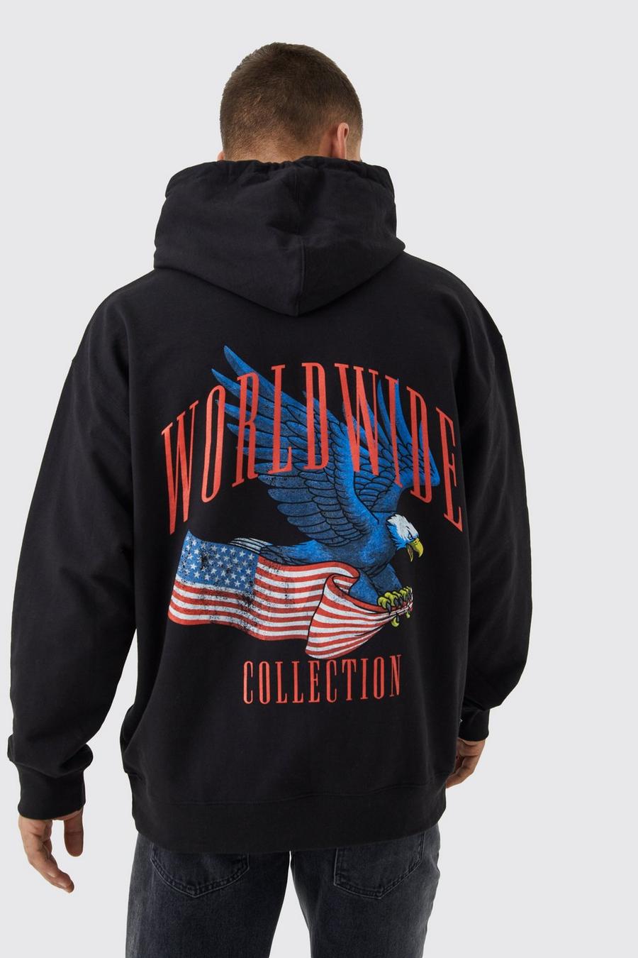 Black Oversized Eagle Worldwide Graphic Hoodie image number 1