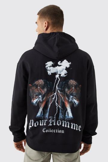 Black Oversized Pour Homme Wolves Graphic Hoodie