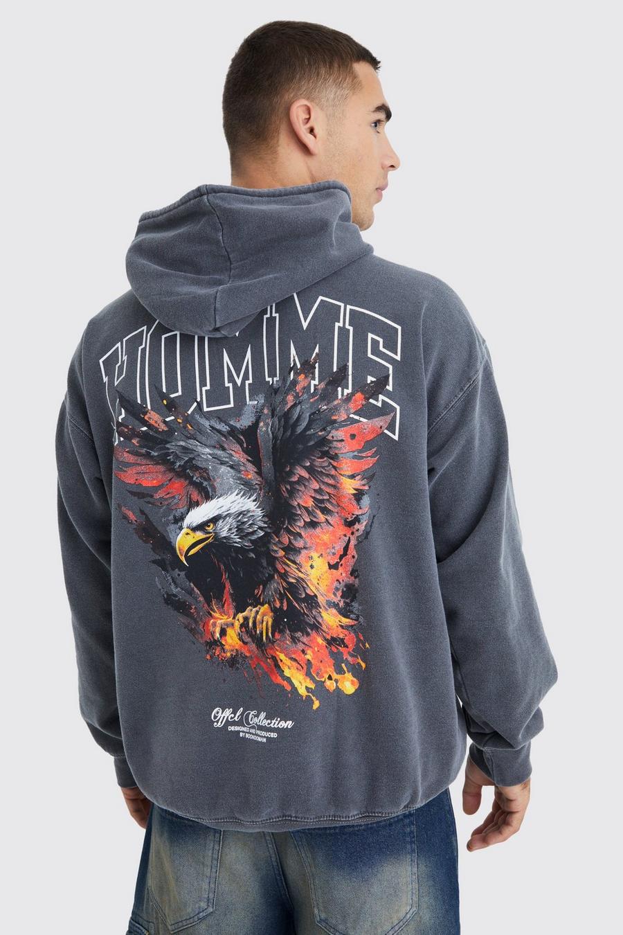 Sudadera oversize sobreteñida con capucha y estampado gráfico Homme de águila, Charcoal gris