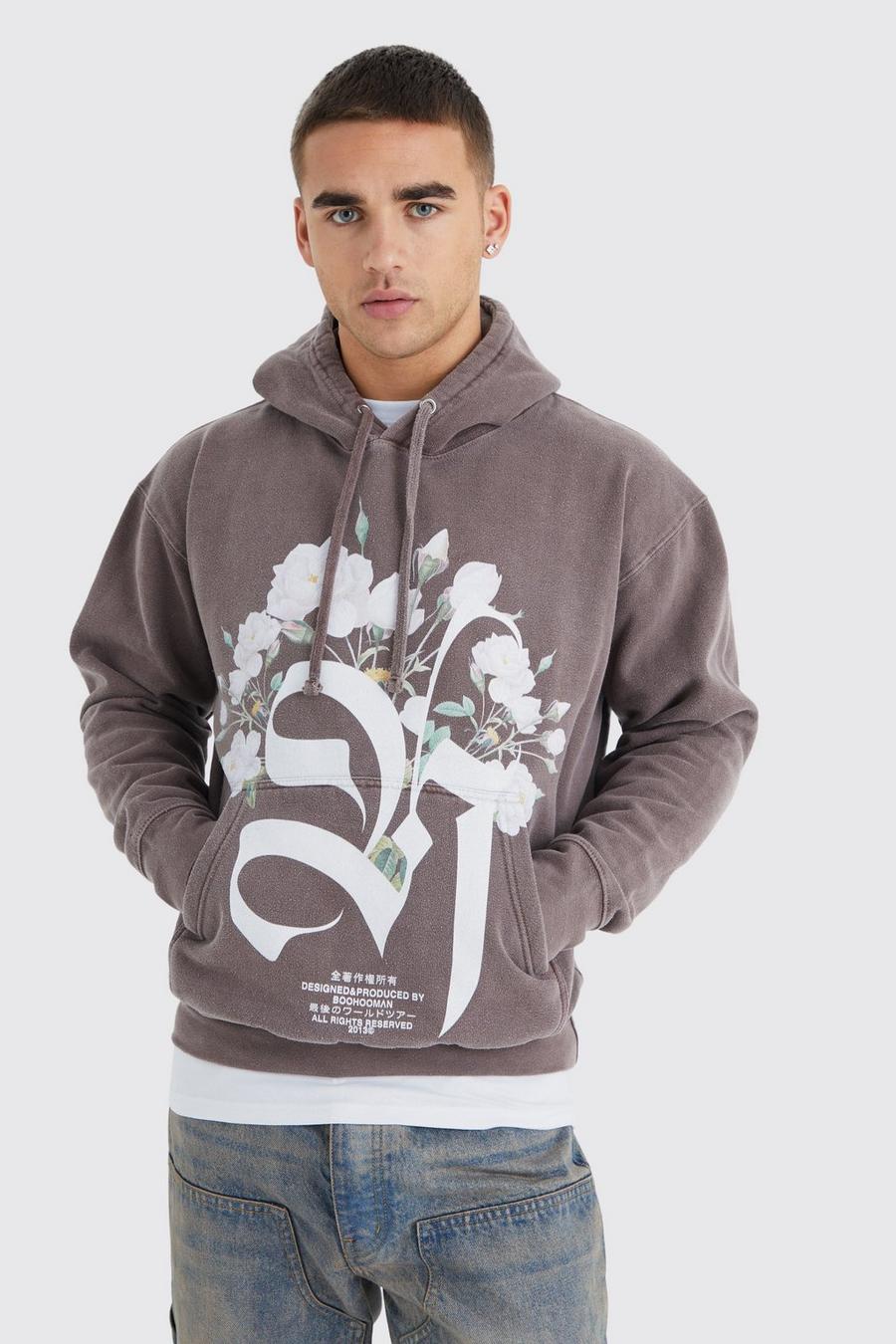 Chocolate Oversized M Floral Overdye Graphic Hoodie image number 1