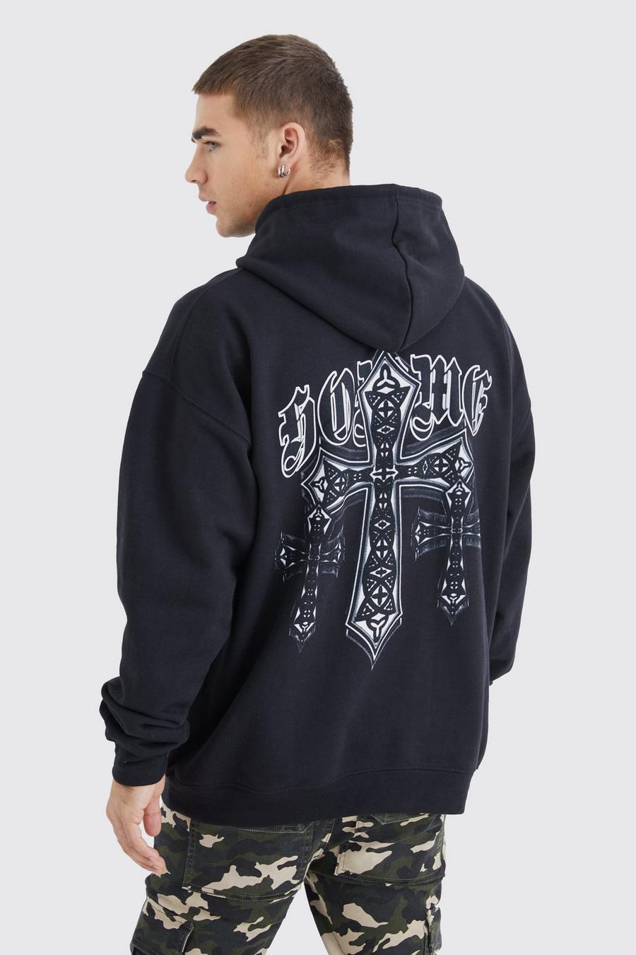 Black Oversized Homme Cross Graphic Hoodie image number 1