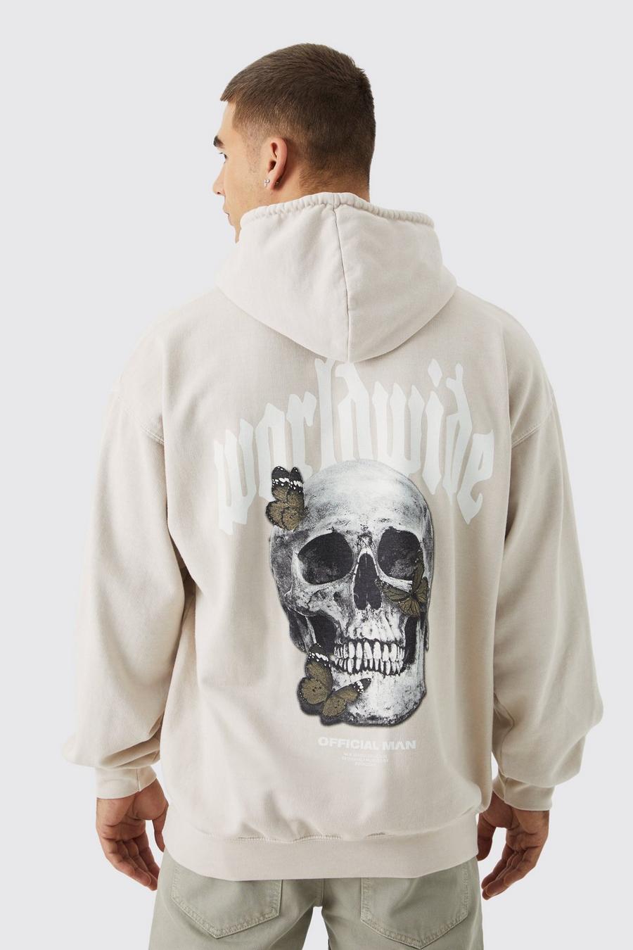 Sand beige Oversized Washed Butterfly Skull Hoodie