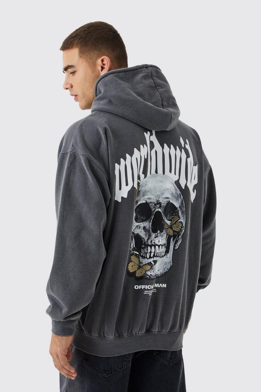 Charcoal Oversize hoodie med fjäril och dödskalle image number 1