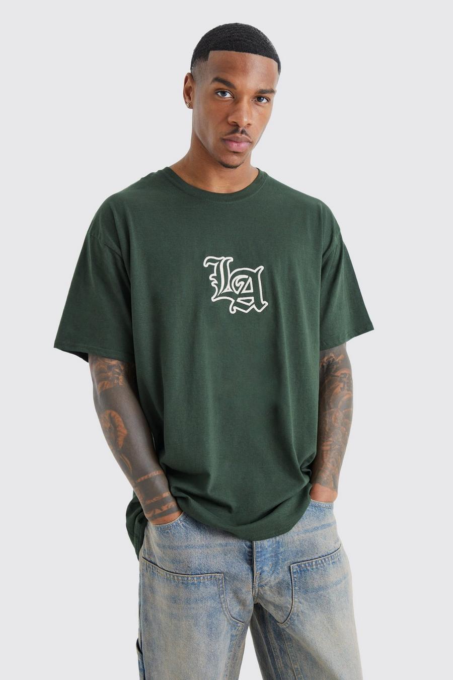 Khaki Oversized La Embroidery T-shirt