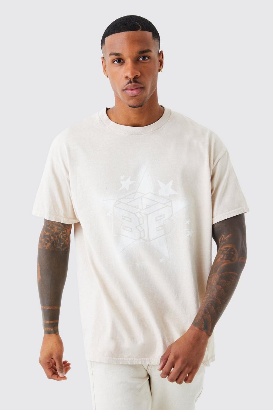 Camiseta oversize con estampado gráfico B lavado, Sand beige