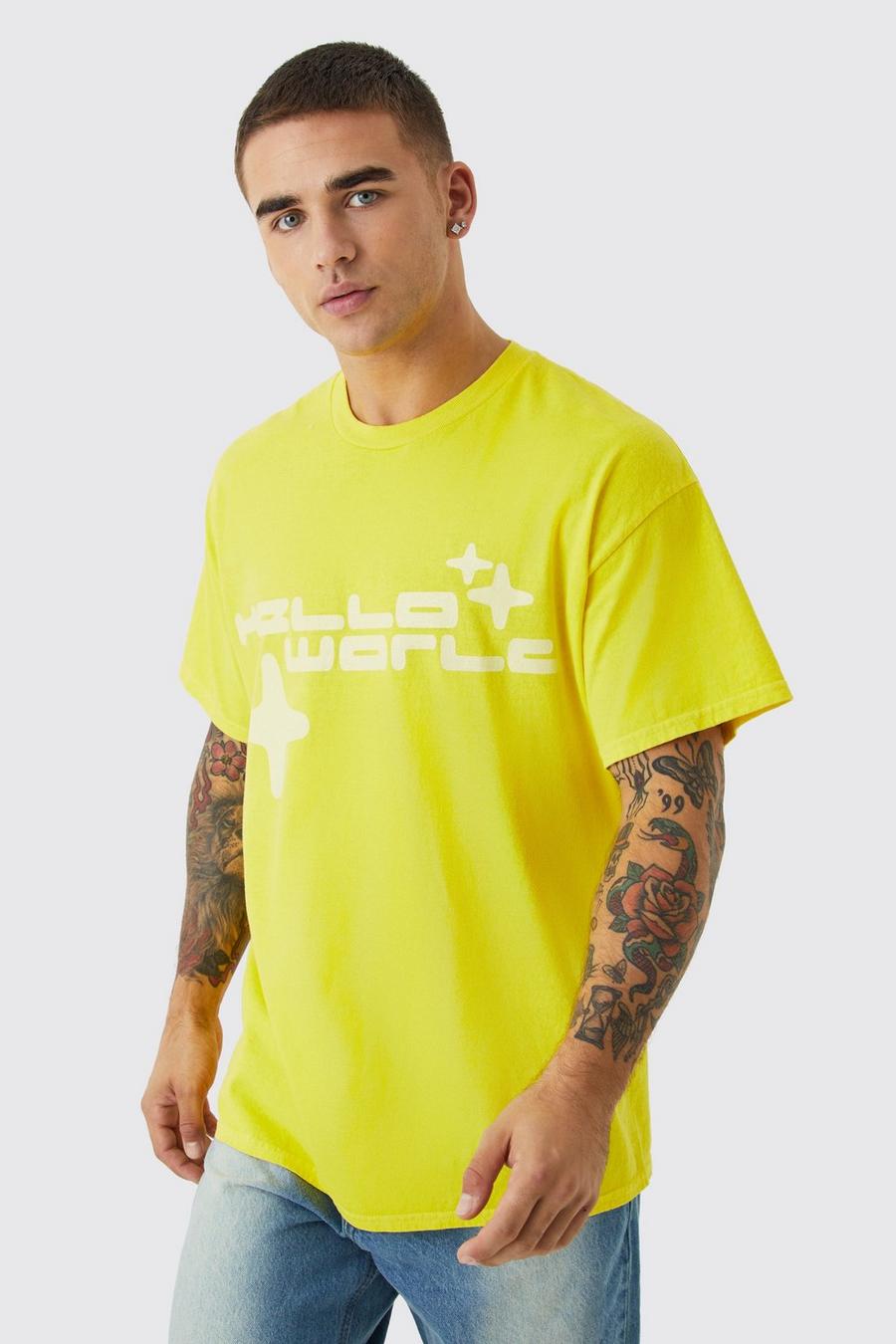 Camiseta oversize con estampado gráfico Worldwide desteñido, Yellow image number 1