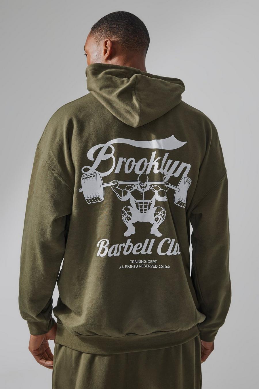 Man Active Hoodie mit Brooklyn Barbell Club Print, Khaki