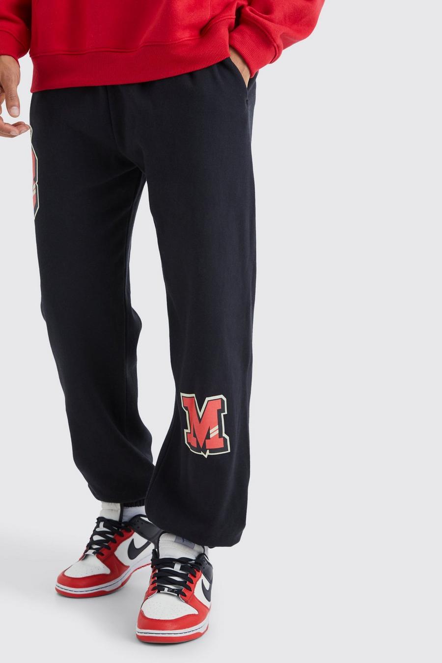 Pantaloni tuta oversize stile Varsity con grafica BM, Black image number 1